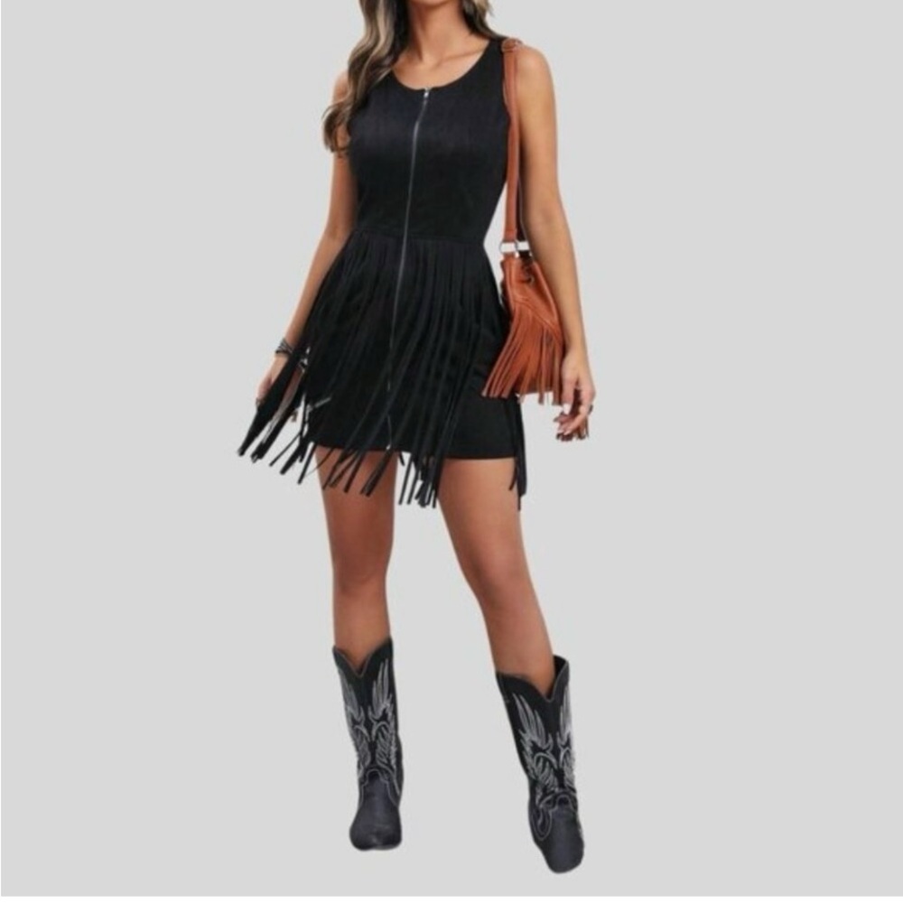 Boho Western Fringe Zip Up Dress -Vest Black
